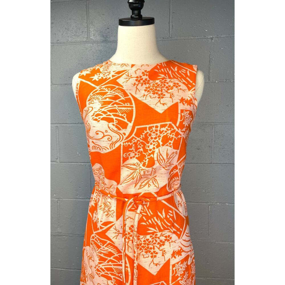Vintage 1960s Deadstock Orange Tropical Print Dress XS Small Batik Print Floral